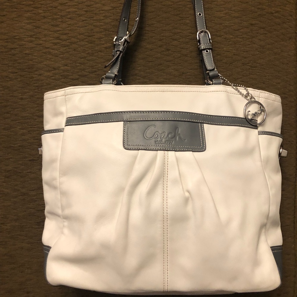 COACH  White & Gray Pleated Leather East West Tote